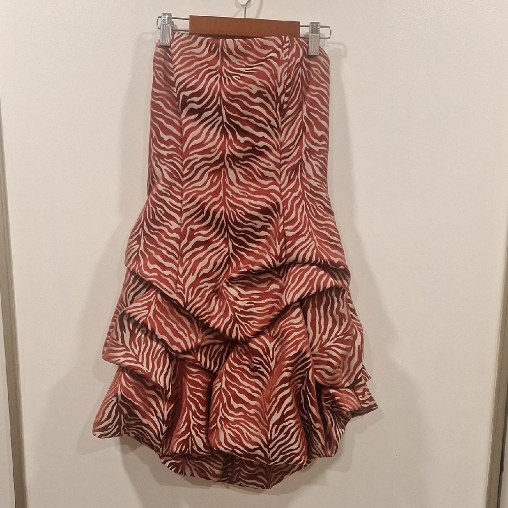 Jessica McClintock Asymmetrical Zebra Print Skirt in Red and Cream Sheen